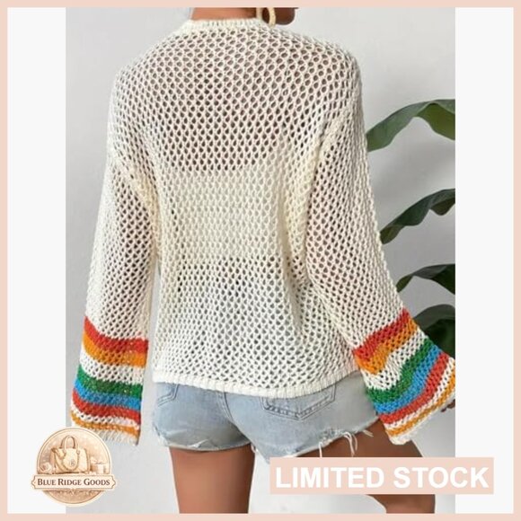 Crochet Cardigan Boho Loose Fit Open Front Sweater Recycled Material - Picture 3 of 7